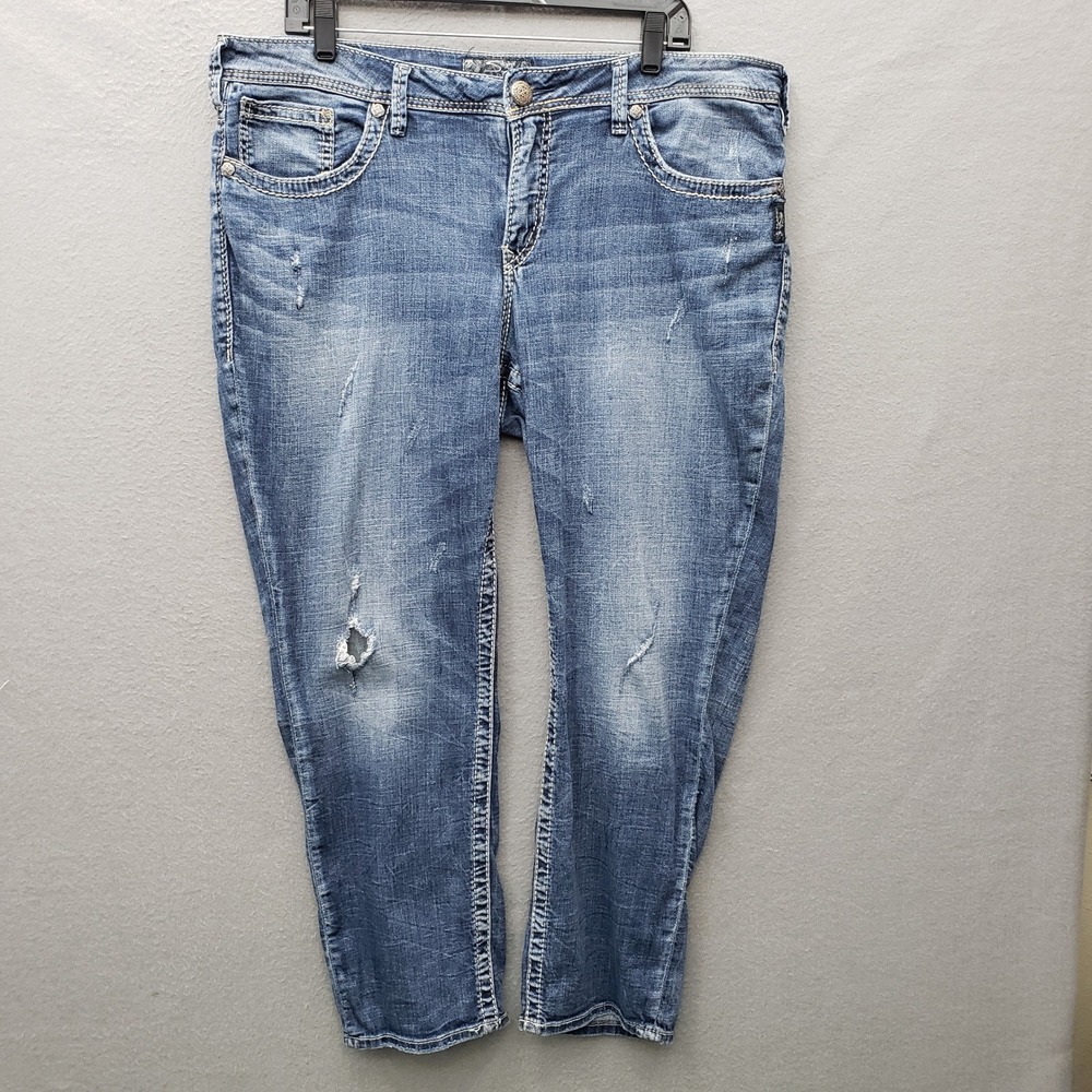 Silver Slim Boyfriend Jeans Relaxed Fit Distressed Denim Western Cowgirl Size 18